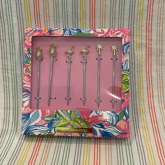 Lilly Pulitzer Appetizer Picks Set of 6 Gold Metal Cocktail Picks Tropical NWT - Picture 7 of 7